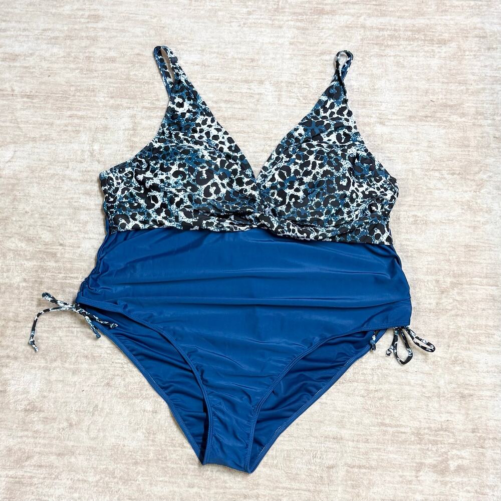 Women’s 5XL Plus Size Blue Cheetah Animal Print One Piece Swimsuit Swim Resort
